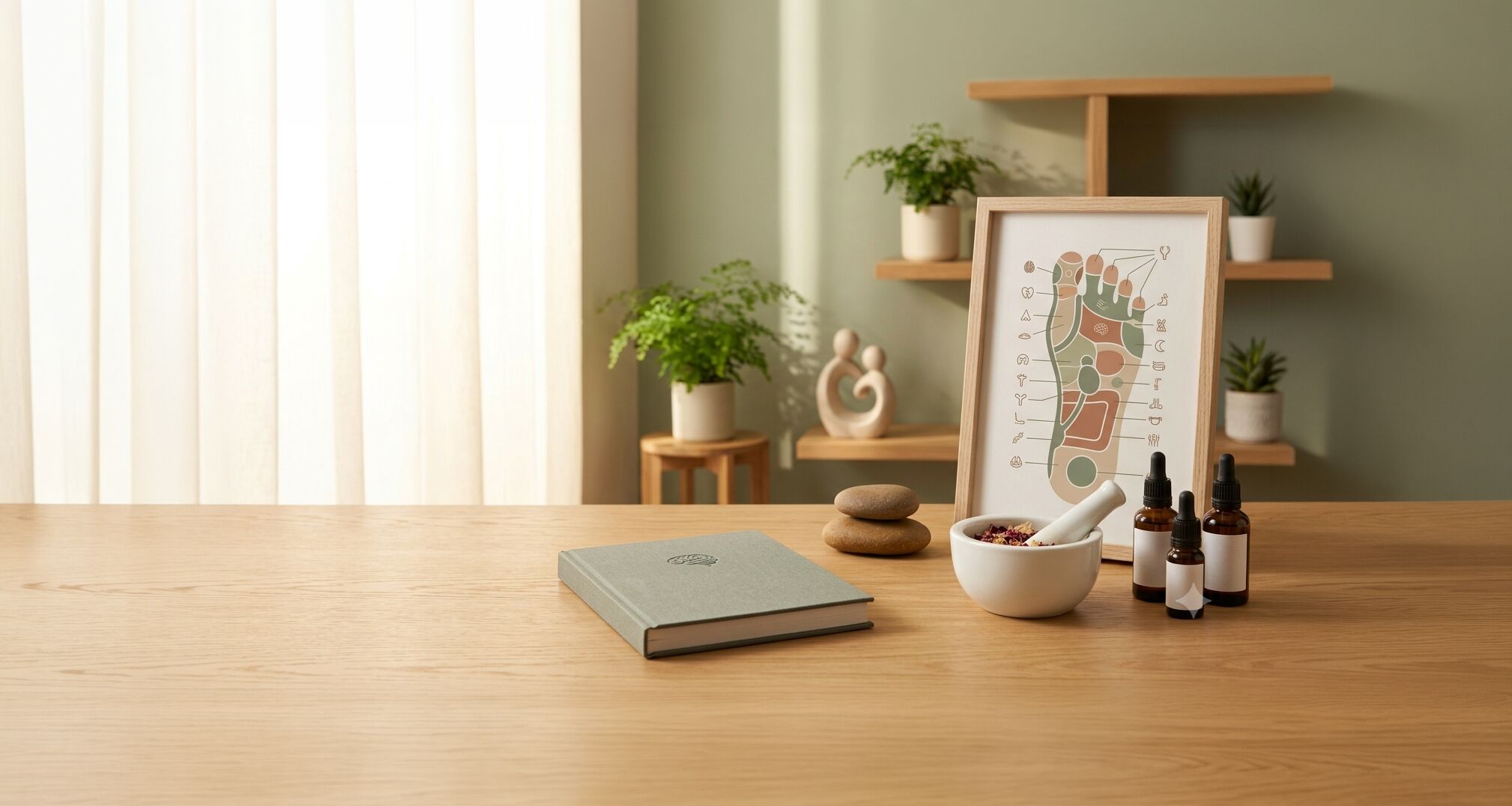 Scrivania di studio con libro, rimedi naturopatici, ciotola con erbe e mappa di riflessologia plantare