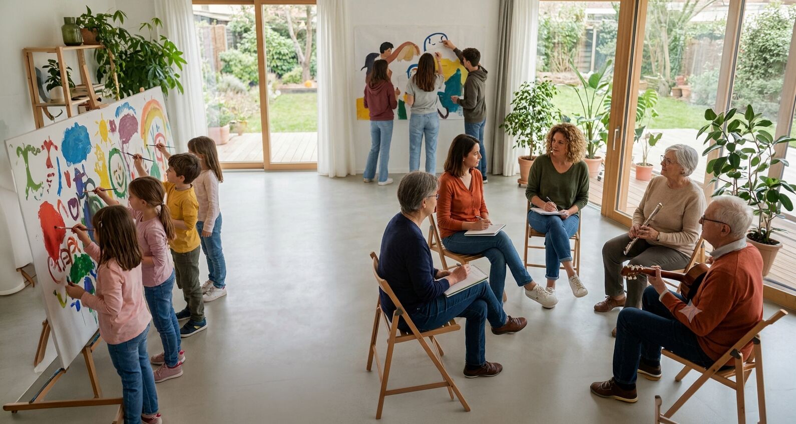 Laboratorio intergenerazionale: bambini che dipingono e adulti in cerchio con musica e scrittura